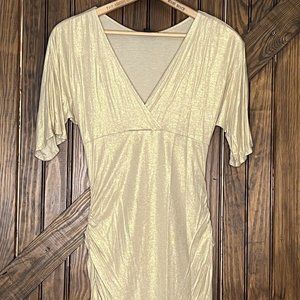 Express Womens Shimmering Gold Plunge Neck Dress w/Ruching~ Size M~ SO SEXY!